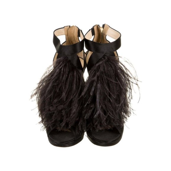 TAYLOR SWIFT Jimmy Choo Heels "TEAZER" Black Satin and Feather Sandals Size 39.5 - Picture 5 of 6